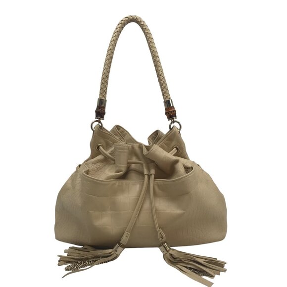 Elaine Turner Cream Embossed Leather Drawstring & Shoulder Bag - Picture 1 of 12
